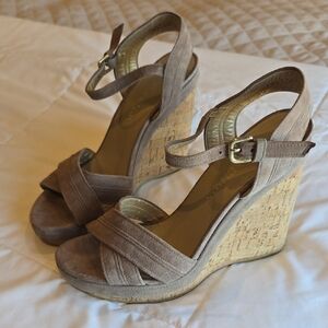 Stuart Weitzman Taupe Suede Cork Wedge Sandals